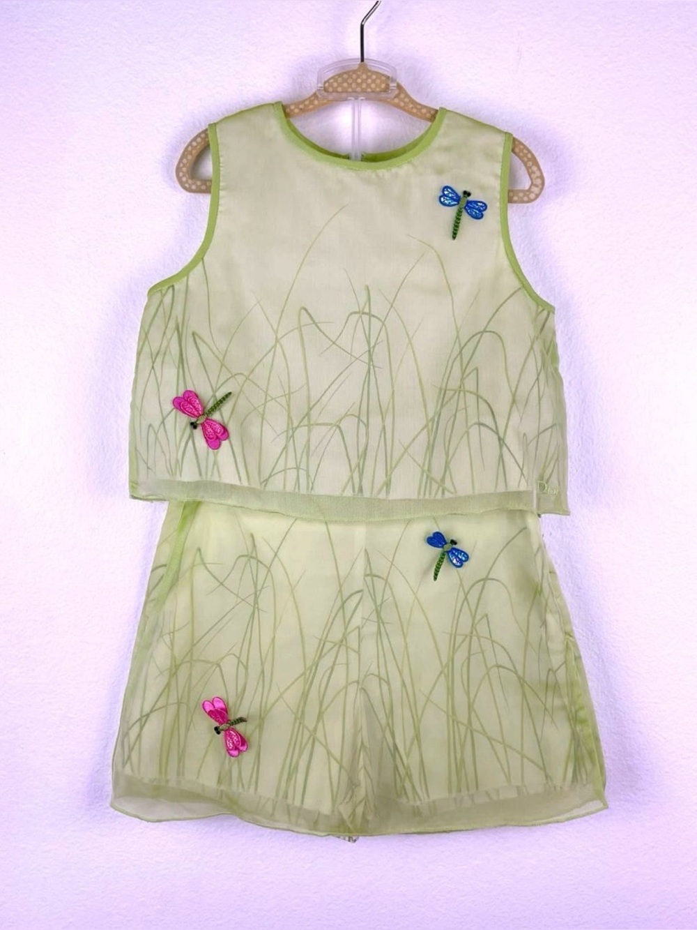 Vintage Christian Dior Green Dragonfly Appliqué 2 Piece Set Top Shorts Girls 5T